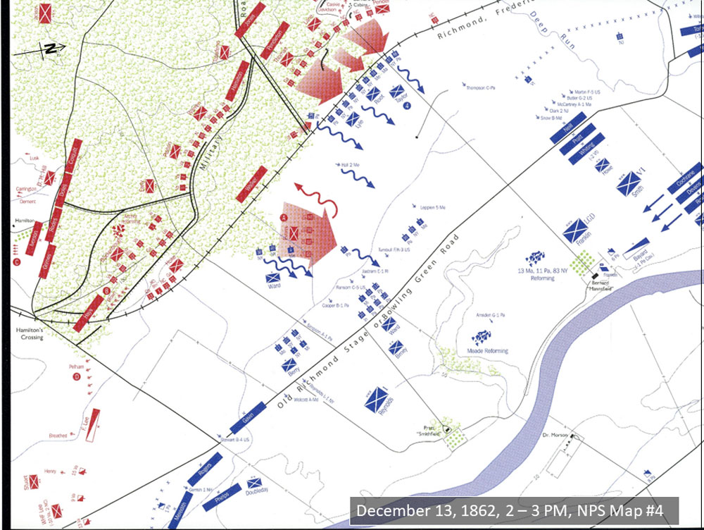 Map showing Union and Confederate unit movement during the Battle of Fredericksburg