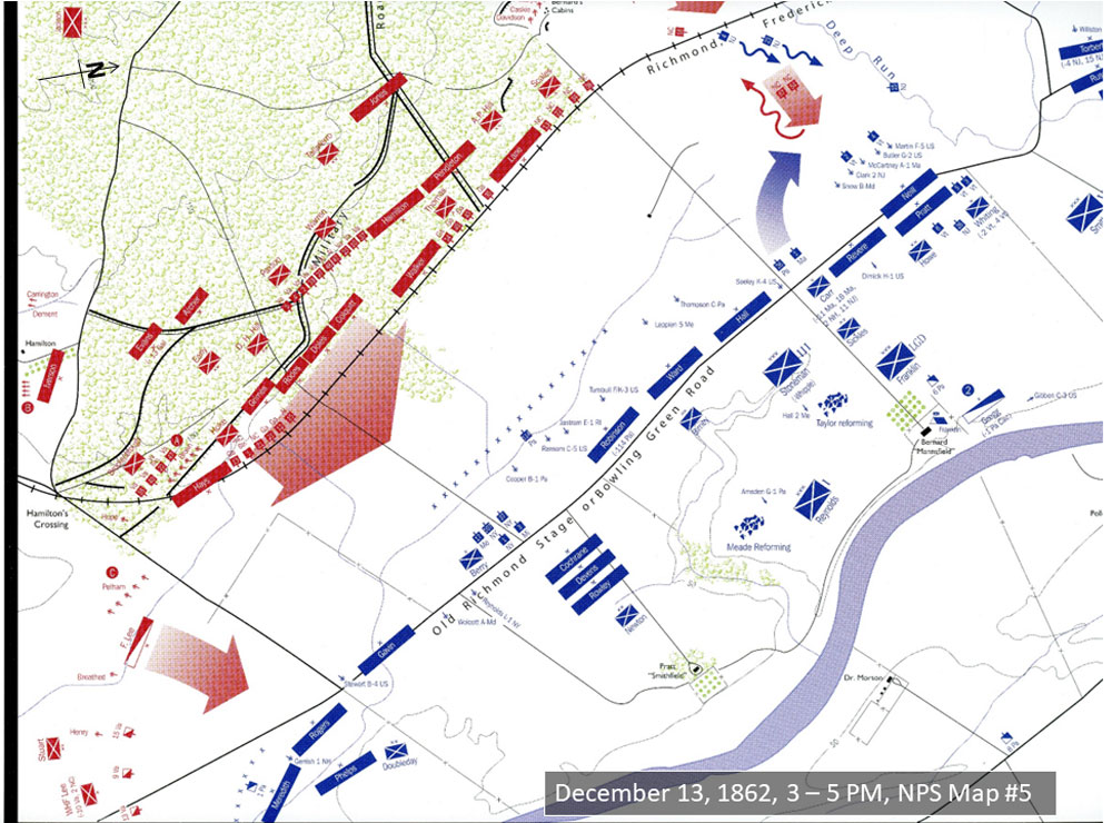 Map showing Union and Confederate unit movement during the Battle of Fredericksburg